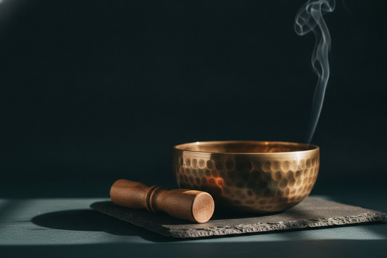 A hand-hammered bronze singing bowl and wooden striker resting on dark stone by candlelight